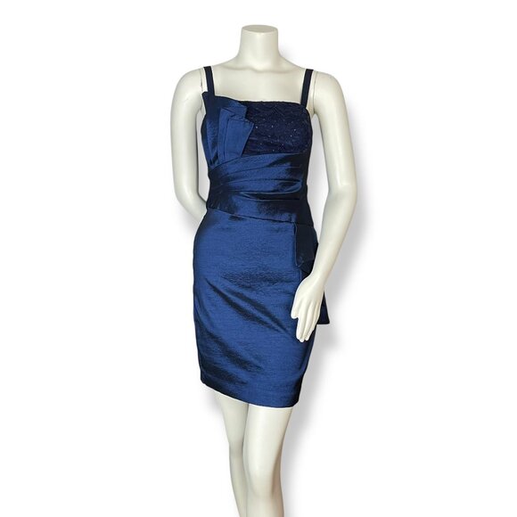 R&M Richards Petite Cocktail Dress Sheath Sculptural Size 4P Blue Fancy Formal‎ - Picture 1 of 9